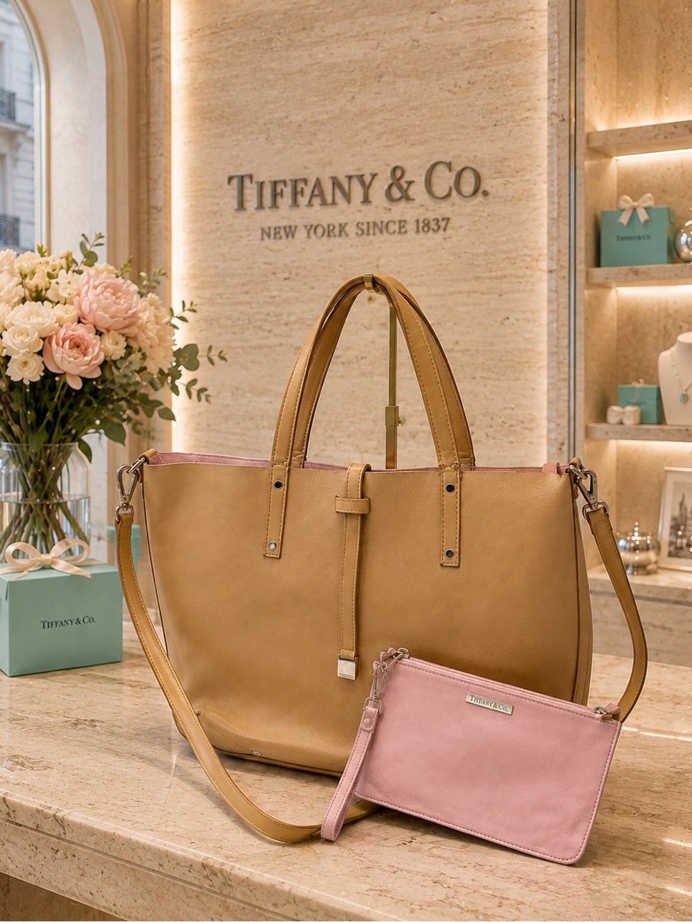 Tiffany & Co. mustard with Pink Interior Leather Tote with Pink Detachable pouch